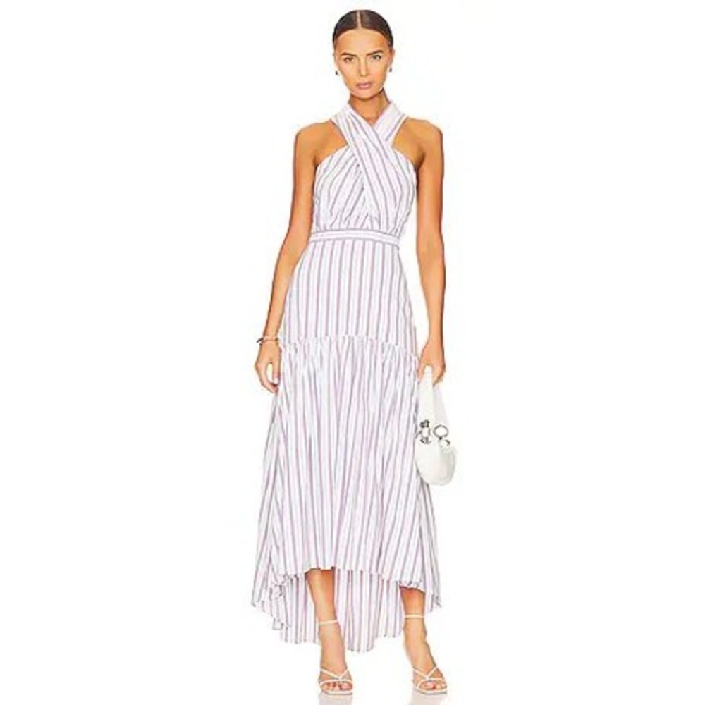 VERONICA BEARD Radley Stripe Crisscross Halter High Low Midi Dress 8